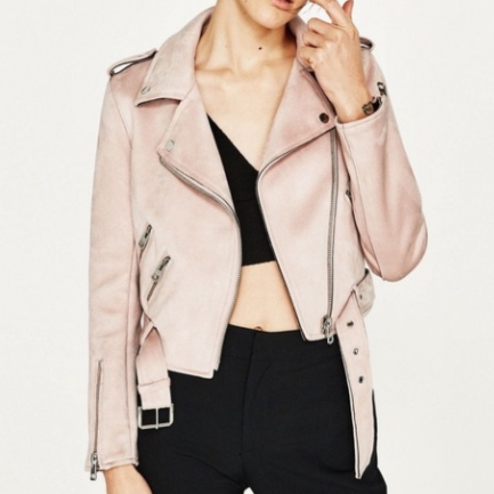Zara | Light Pink Suede Effect Moto Cropped Jacket